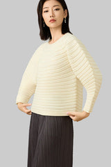 2025 Winter Japanese Pleated Sweater – Crew Neck, Soft Knit, Long Sleeve Solid Color Style