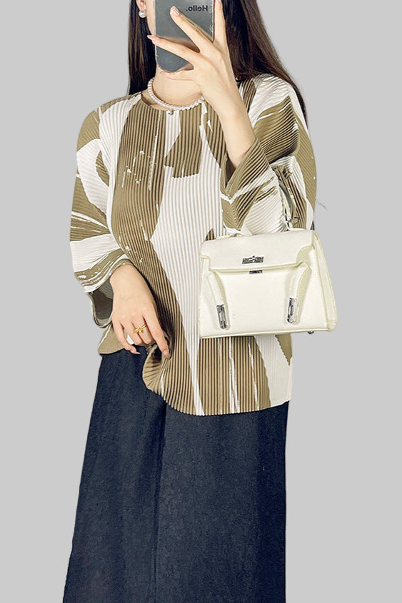 2025 Fall Winter Pleated Printed T-Shirt – Loose Fit, Lightweight Casual Top for Women