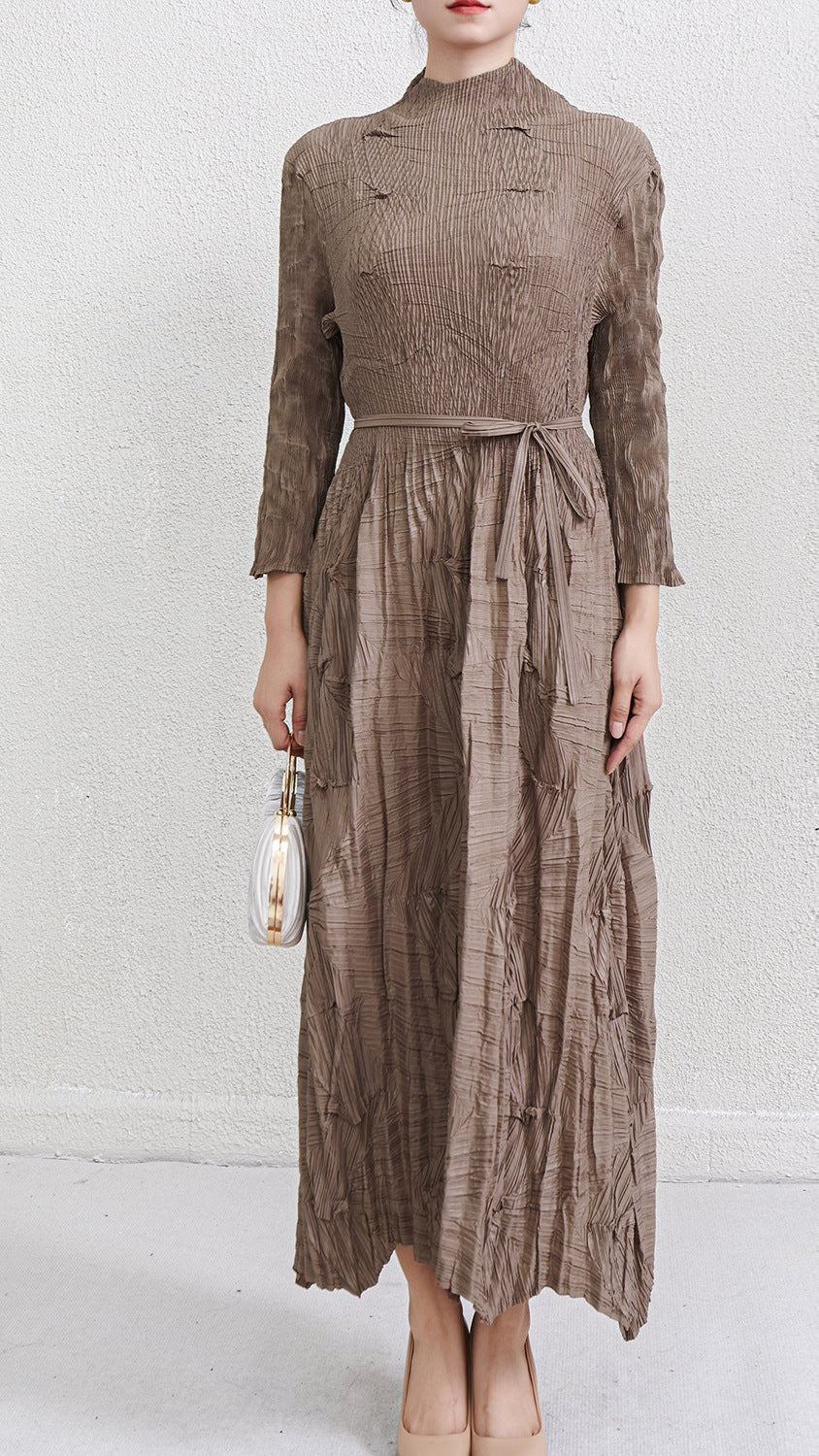 Pleats Art Style Pleated Maxi Dress – Lace-Up Waist Irregular Design