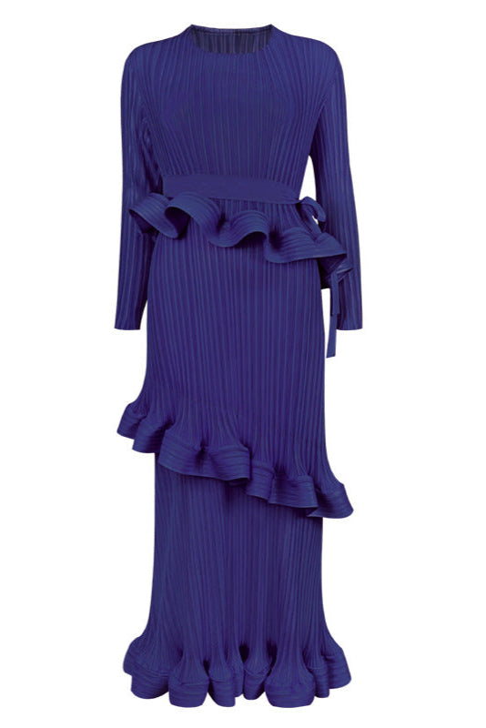 Pleats Art Style Ruffled Lace-Up Pleated Dress – Long Sleeve Midi