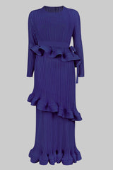 Pleats Art Style Ruffled Lace-Up Pleated Dress – Long Sleeve Midi
