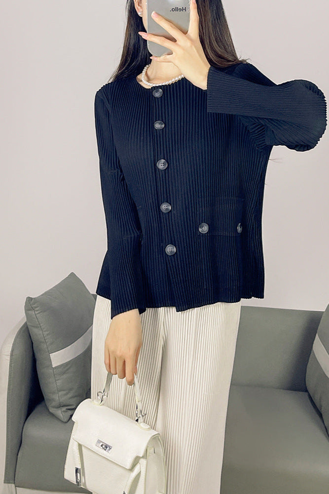 2025 Fall Winter Pleated Striped Jacket – Minimalist Crew Neck, Single-Breasted Casual Style for Women
