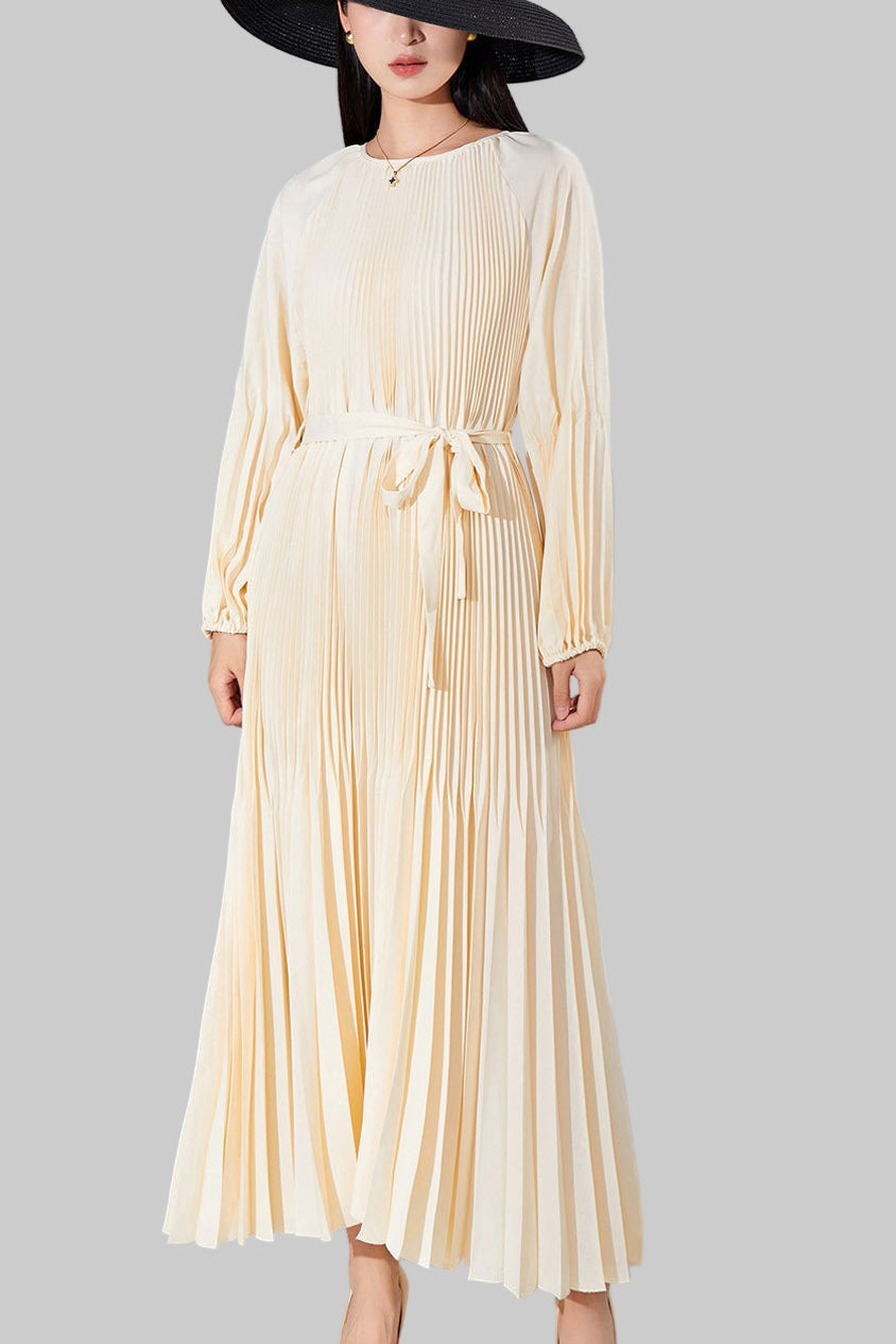 Pleats Please Solid Color Maxi Dress – Lace-Up Waist Elegant Pleated Long Dress