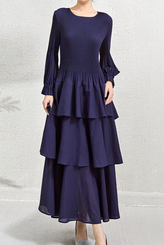Pleats Art Style Pleated Dress – Elegant Waist-Slimming Ruffle Long Sleeve