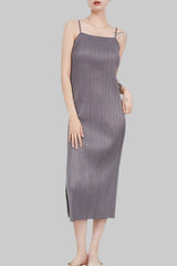 Miyake style temperament pleated slip dress women's summer 2024 women's boat neck slim slim slim slit midi skirt IsseyMiyakePleats