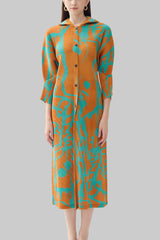 Pleated Printed Hooded Cloak Dress – Long Sleeve Single-Breasted Style
