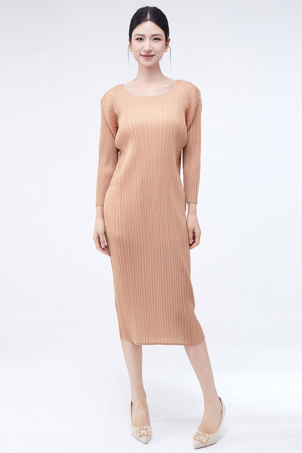 Pleats Art Style Pleated Dress – Long Sleeve Solid Color Mid-Length Loose Fit