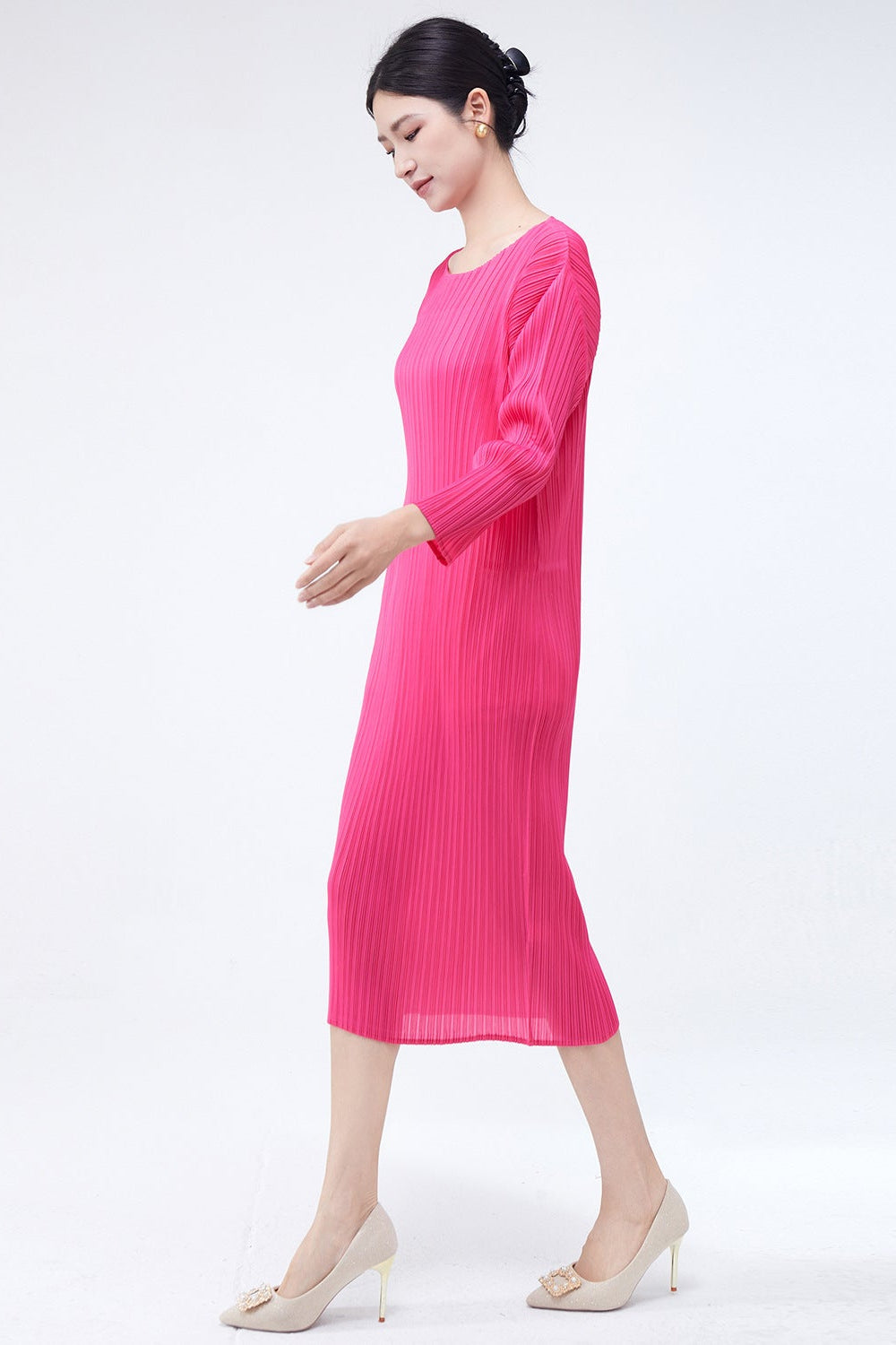 Pleats Art Style Pleated Dress – Long Sleeve Solid Color Mid-Length Loose Fit