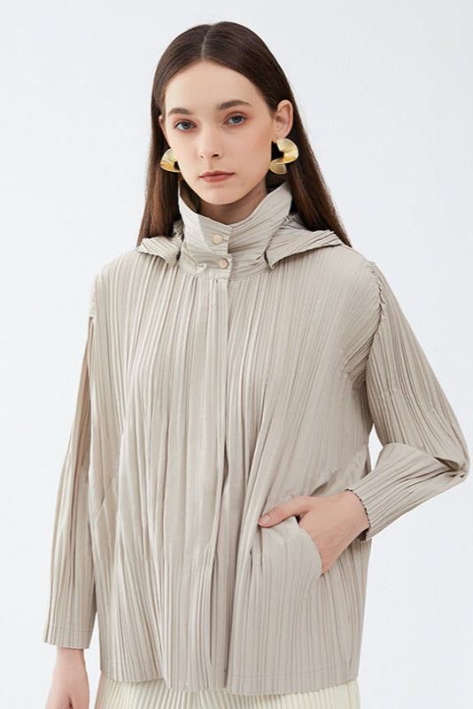Pleats Please Short Trench Coat – Solid Color Pleated Jacket with Detachable Hood