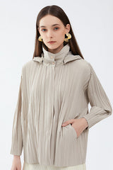 Pleats Please Short Trench Coat – Solid Color Pleated Jacket with Detachable Hood