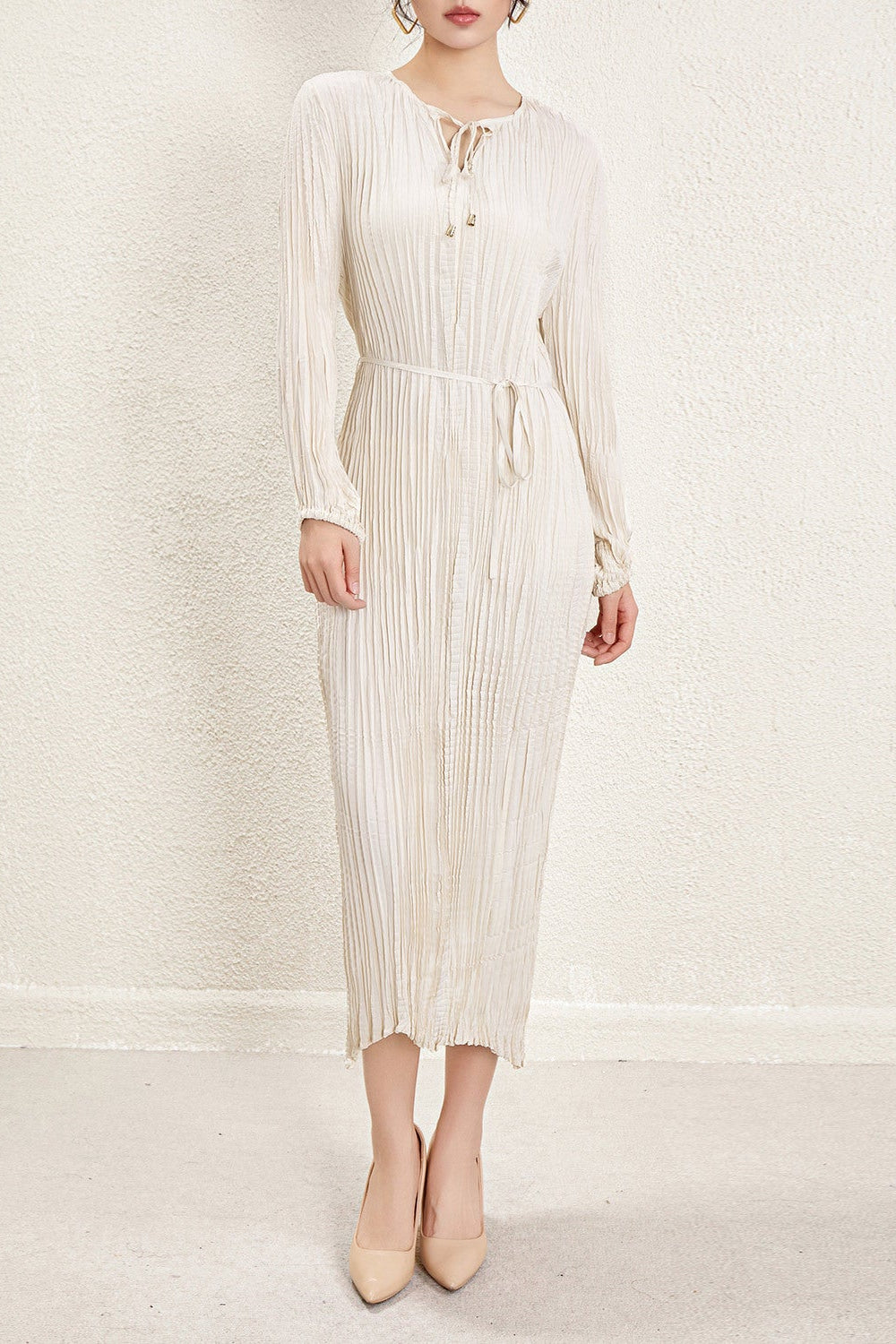 Pleats Art Style Pleated Dress – Irregular Long Sleeve Cinched Waist