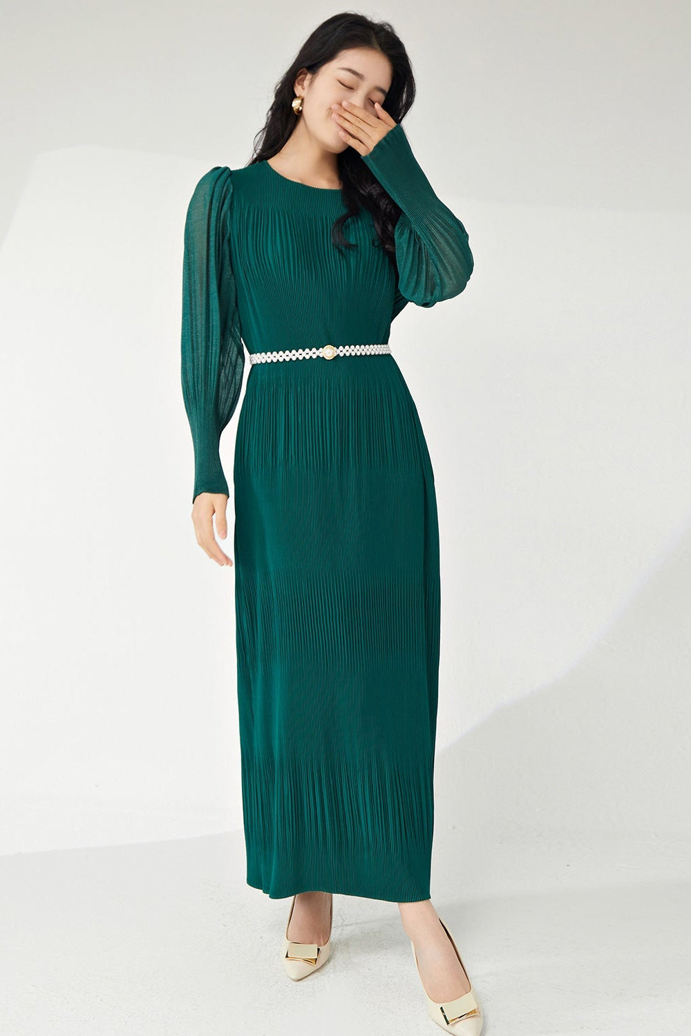 Pleats Please Lantern Sleeve Maxi Dress – Plus-Size Friendly Elegant Pleated Long Dress