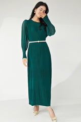 Pleats Please Lantern Sleeve Maxi Dress – Plus-Size Friendly Elegant Pleated Long Dress