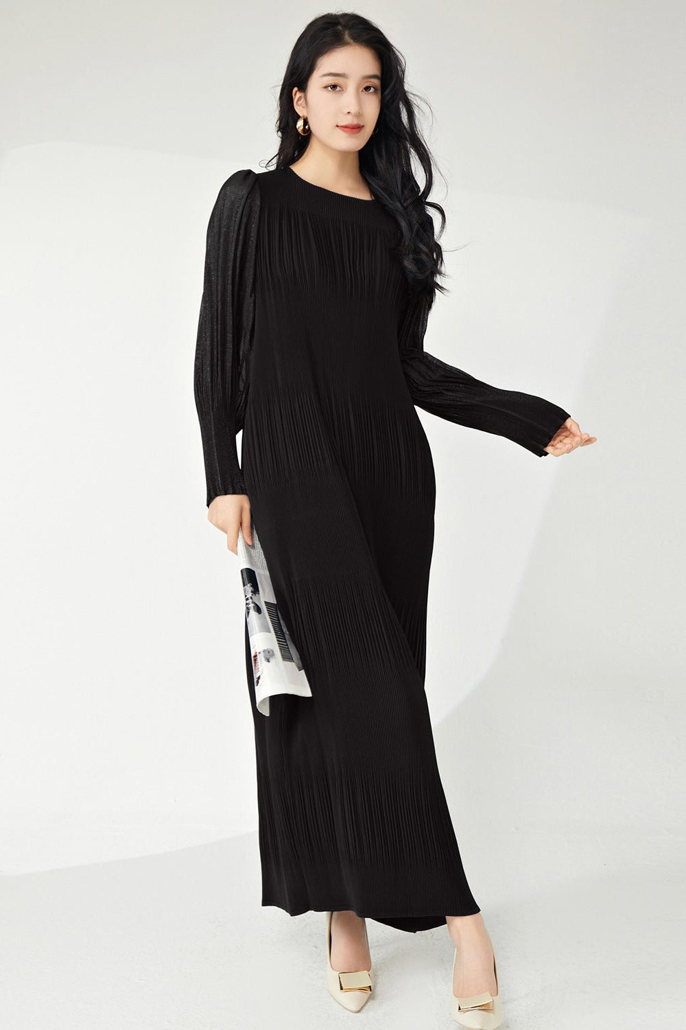 Pleats Please Lantern Sleeve Maxi Dress – Plus-Size Friendly Elegant Pleated Long Dress