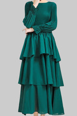 Pleats Art Style Pleated Dress – Elegant Waist-Slimming Ruffle Long Sleeve