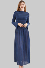 Pleats Art Style Pleated Dress – Plus Size Crew Neck A-Line Long