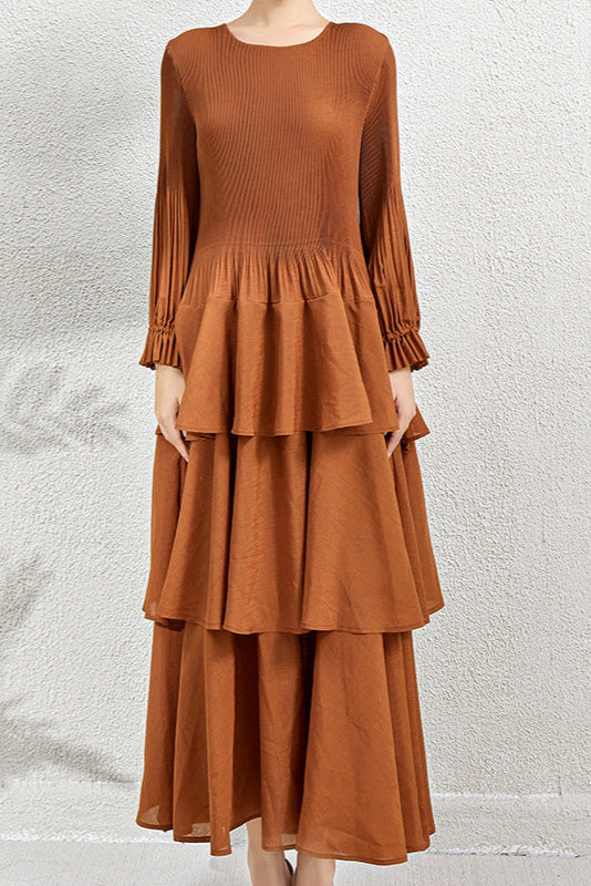 Pleats Art Style Pleated Dress – Elegant Waist-Slimming Ruffle Long Sleeve