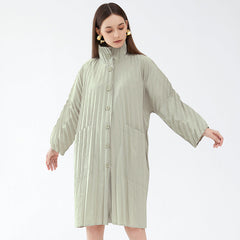 Pleats Please Solid Color Windbreaker – Pleated Midi-Length Trench Coat