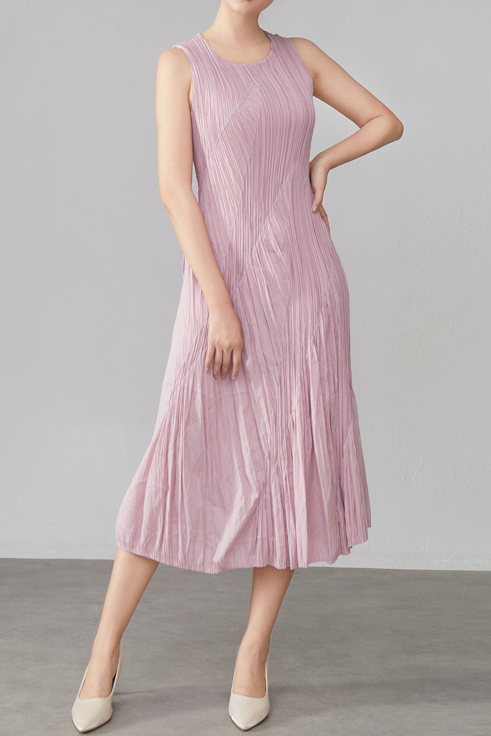 Pleats Art Style Pleated Dress – Spliced Sleeveless Midi
