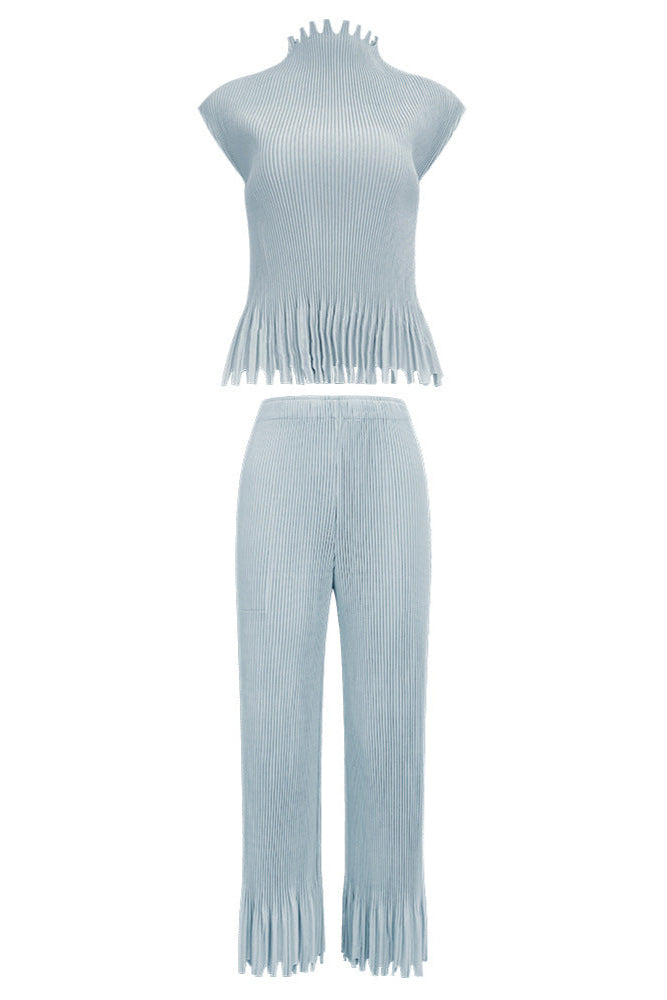 Pleats Art Style Two-Piece Set – Sleeveless Semi-Turtleneck Top & Straight-Leg Pleated