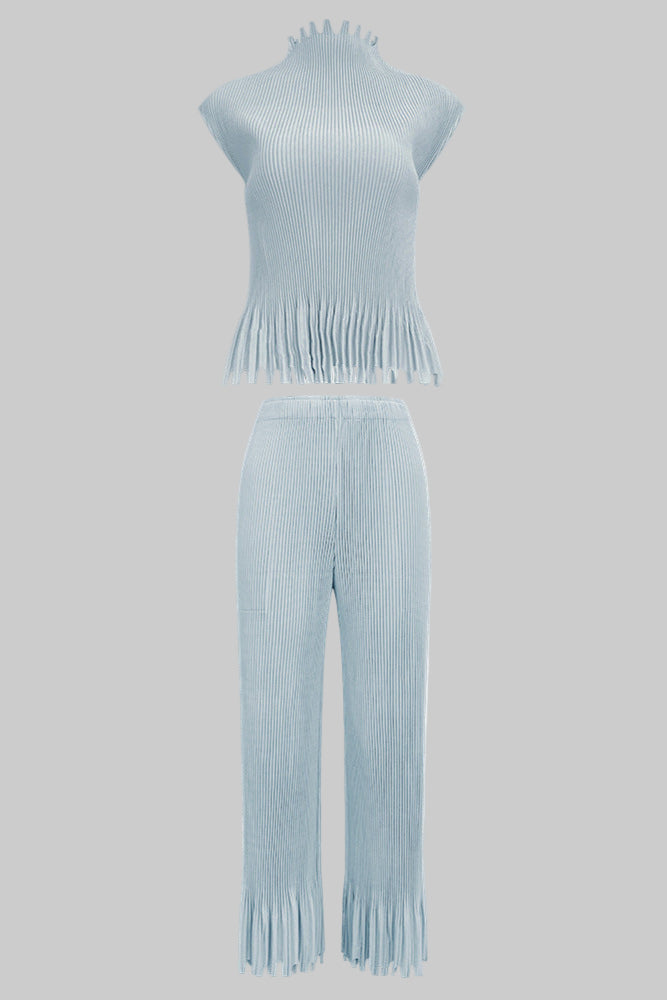 2025 spring/summer new Miyake personalized tassel solid color sleeveless suit semi-turtleneck top straight-leg trousers two-piece set