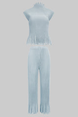2025 spring/summer new Miyake personalized tassel solid color sleeveless suit semi-turtleneck top straight-leg trousers two-piece set