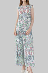 Boho Two-Piece Set – Dot Print Top and Pleated Wide-Leg Pants