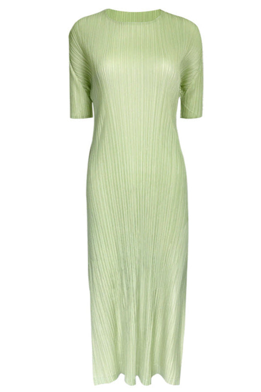 Pleated Solid Color Midi Dress – Short Sleeve Slim A-Line Style