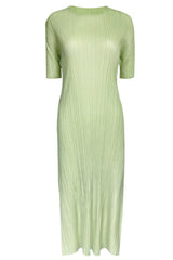 Pleated Solid Color Midi Dress – Short Sleeve Slim A-Line Style