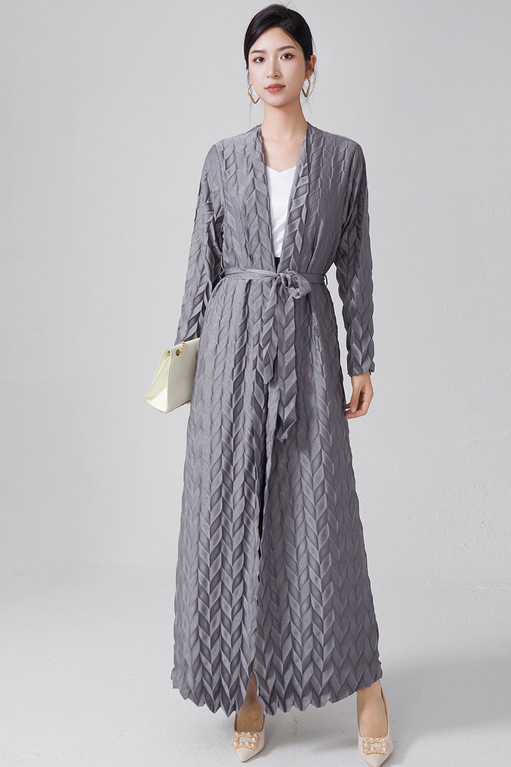 Pleats Please Lace-Up Trench Coat – Plus-Size Friendly Pleated Mid-Length Jacket