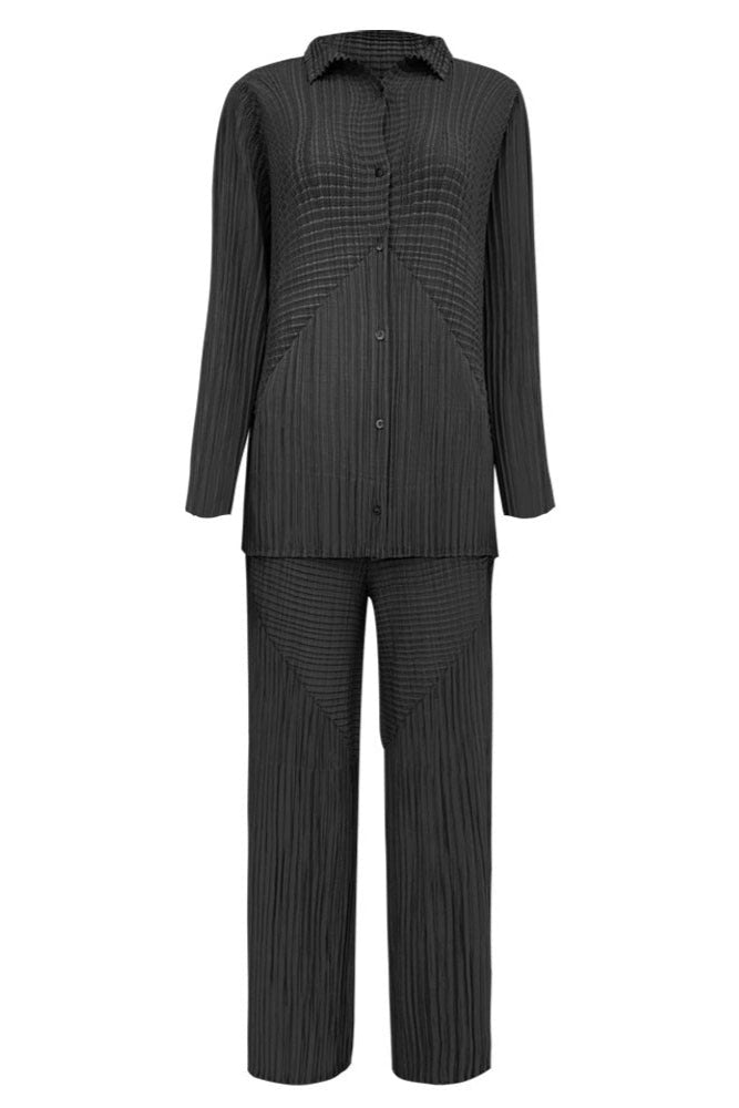 Pleated Solid Color Shirt and Straight Pants Set – Chic Two-Piece Outfit
