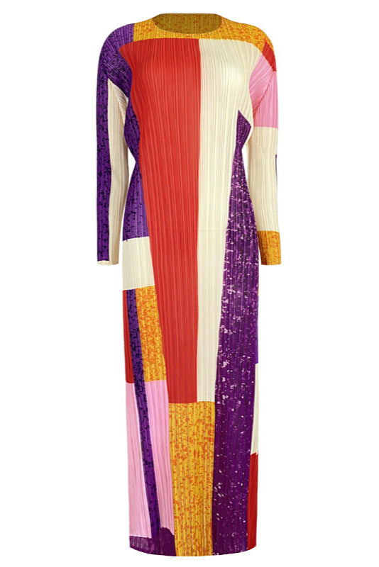 Pleats Art Style Geometric Pleated Dress – Slim Long Sleeve A-Line