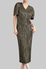 Pleats Art Style Pleated Banquet Dress – Metallic Irregular Long Style
