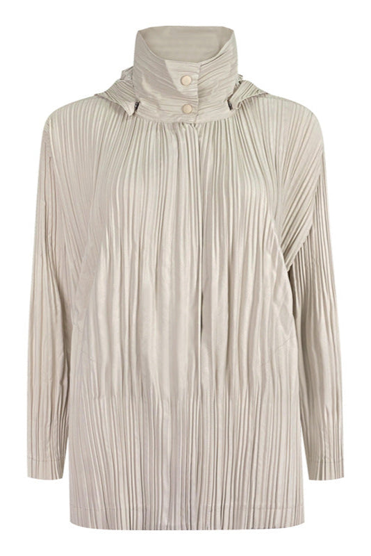 Pleats Please Short Trench Coat – Solid Color Pleated Jacket with Detachable Hood