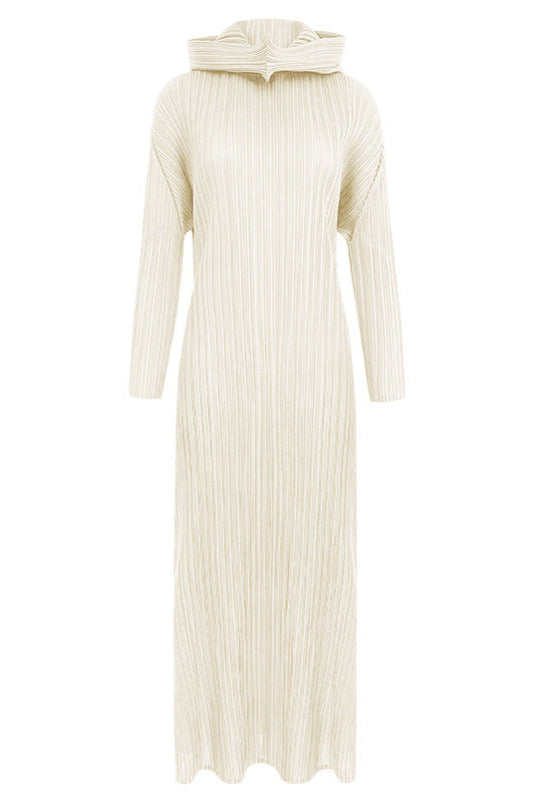 Pleats Art Style A-Line Pleated Dress – Hooded Long Sleeves