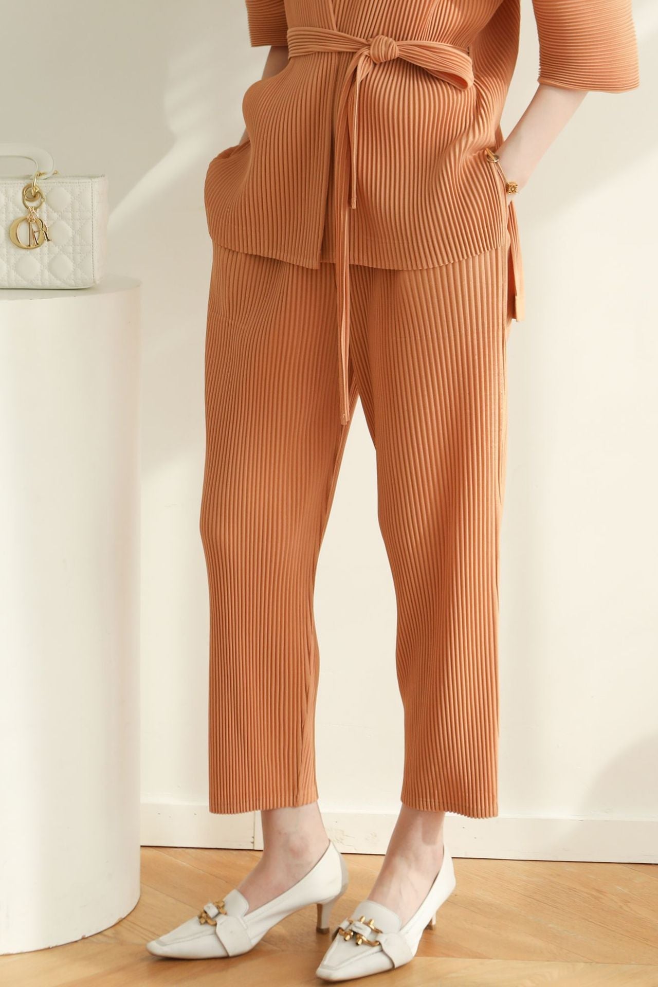 Pleated Two-Piece Set – Lace-Up Cardigan Jacket & Cropped Pants, Casual Chic Style
