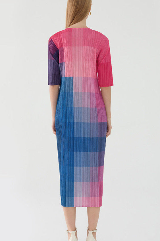 Pleats Art Style Color-Block A-Line Pleated Dress – Mid-Length Rainbow Design