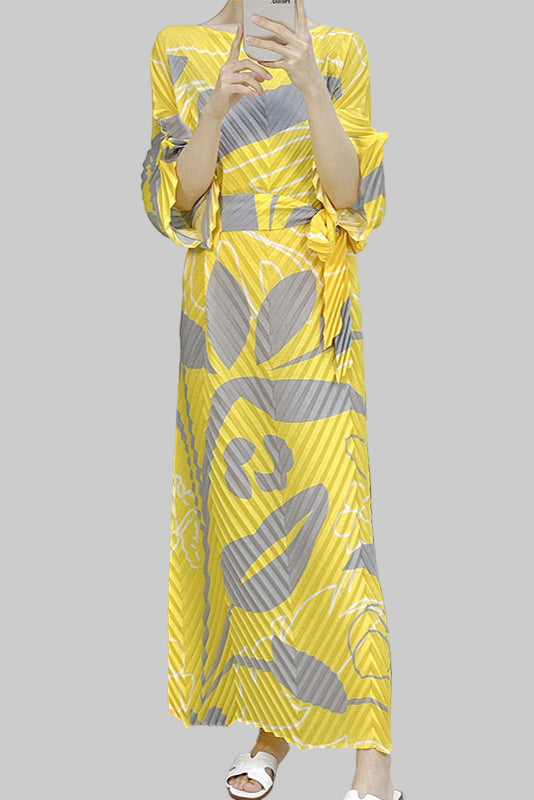2025 Fall Winter Pleated Printed Maxi Dress – V-Fold Design, Elegant Casual Style for Women