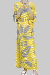 2025 Fall Winter Pleated Printed Maxi Dress – V-Fold Design, Elegant Casual Style for Women