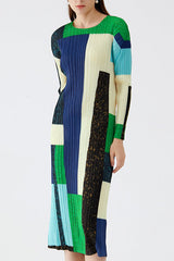 Pleats Art Style Geometric Pleated Dress – Slim Long Sleeve A-Line