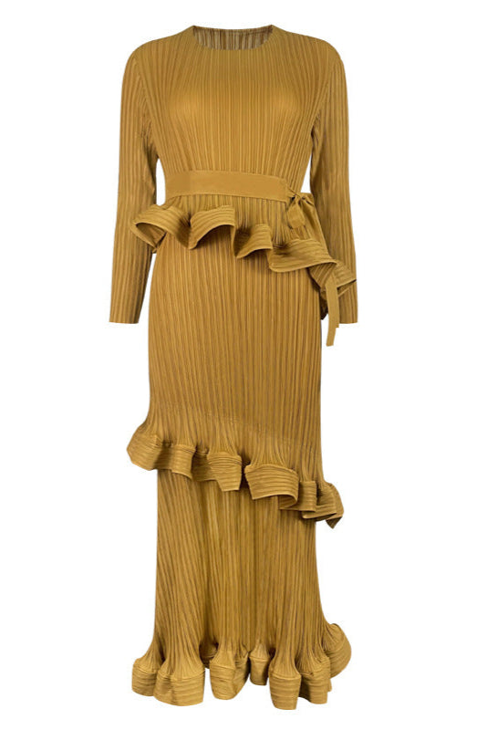 Pleats Art Style Ruffled Lace-Up Pleated Dress – Long Sleeve Midi