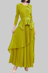 Pleats Art Style Two-Piece Set – Irregular Pleated Swing Skirt with Lace-Up Top