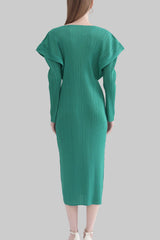Pleats Art Style Long-Sleeve Pleated Dress – Slim Fit, Solid Color