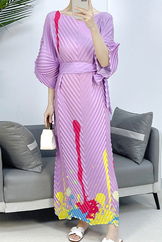 2025 Fall Winter Pleated Printed Maxi Dress – V-Fold Design, Elegant Casual Style for Women