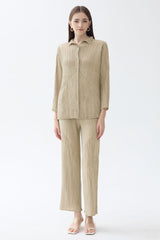 Pleated Solid Color Shirt and Straight Pants Set – Chic Two-Piece Outfit