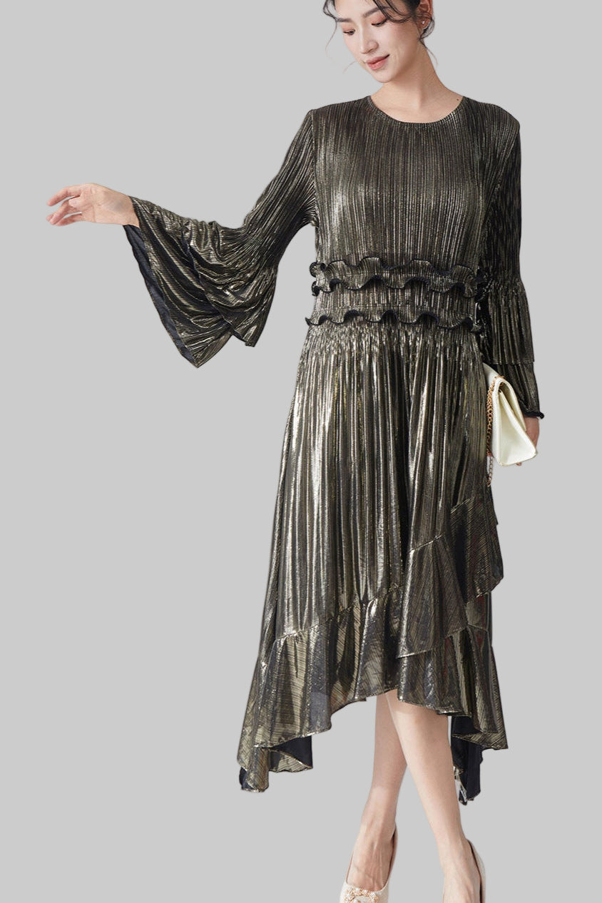 Pleats Please Flared Sleeve A-Line Dress – Irregular Hem Pleated Autumn Winter Style