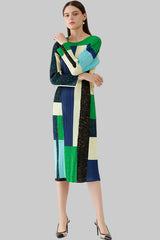 Pleats Art Style Geometric Pleated Dress – Slim Long Sleeve A-Line