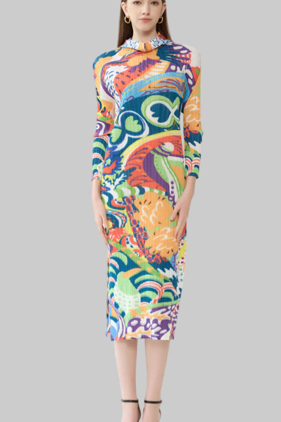 2025 New Spring Pleated Long Sleeve Casual Style Midi Skirt with Graffiti Colorful Slim Hooded Dress