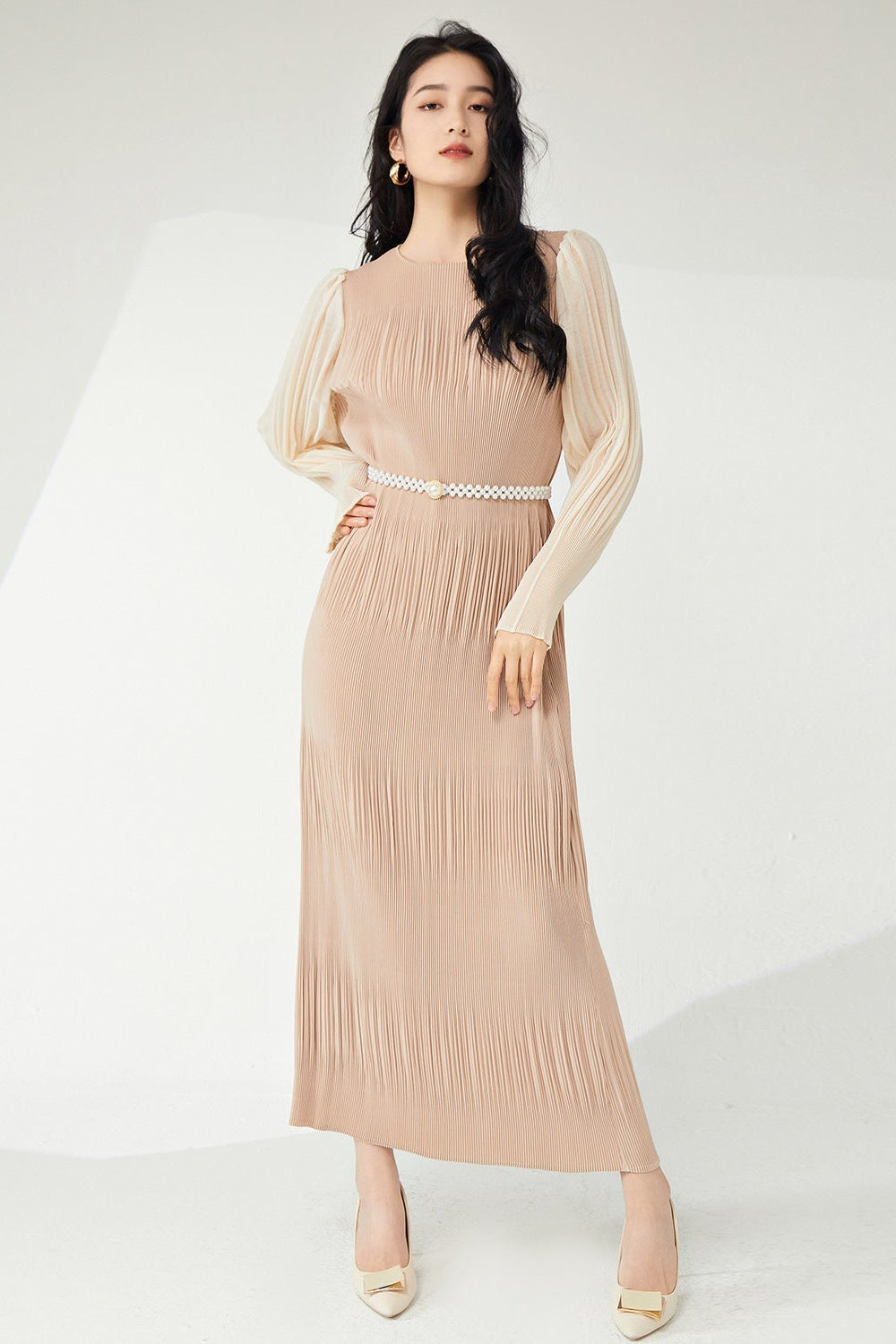 Pleats Please Lantern Sleeve Maxi Dress – Plus-Size Friendly Elegant Pleated Long Dress