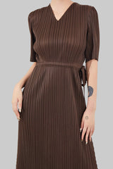 Pleats Please V-Neck Dress – Short-Sleeve Pleated Maxi, Loose Slimming Style